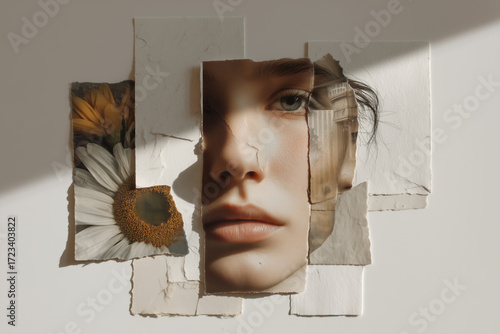 Abstract collage of a woman's face and a daisy, crafted from torn paper. A conceptual art piece about memory, identity, and fragile beauty.