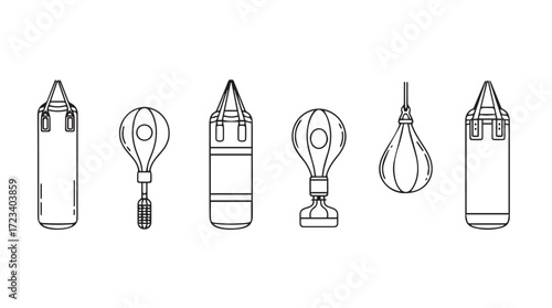 Collection of punching bags and speed bags for boxing training and martial arts exercise silhouette