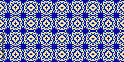 A captivating repeating geometric pattern with a detailed tessellation of abstract floral motifs in shades of blue cream and white.