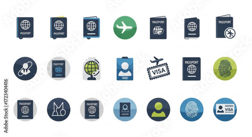 A collection of passport and travel icons, perfect for representing international travel, identity, and documentation
