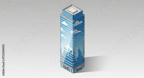 Isometric skyscraper with blue glass facade modern architecture and urban development concept for city design and business