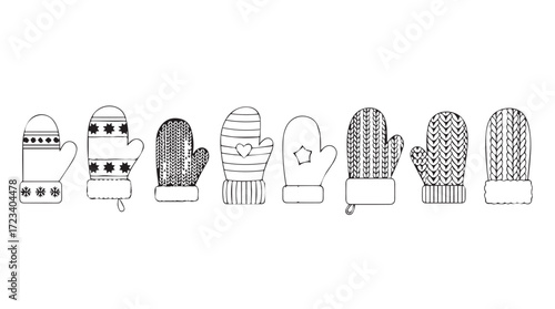 Collection of diverse winter mittens and gloves for cold weather protection and fashion styles silhouette