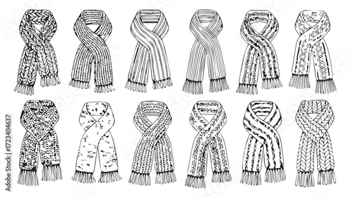 Collection of assorted striped scarves showcasing diverse textures and patterns silhouette