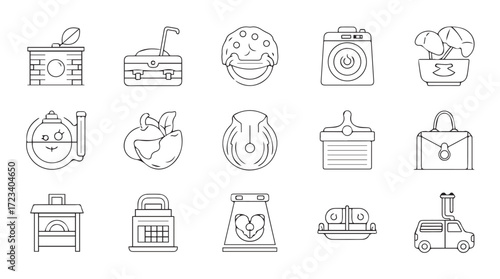 Collection of hand drawn outline icons representing vintage objects and accessories silhouette