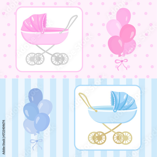 Cute baby shower vector with pink stroller, balloons and bunting. Ideal for girl birth announcement, gender reveal party, festive invitation card or newborn greeting design.