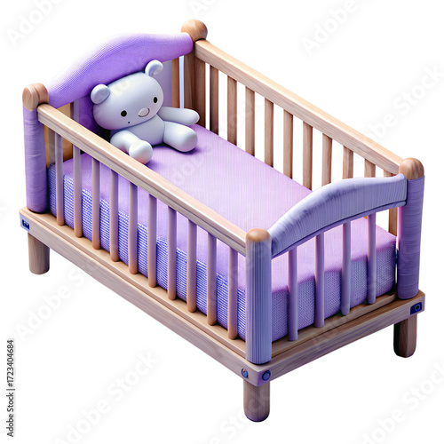 Wooden doll cradle with a teddy bear isolated on transparent background, a charming addition to any childs playroom