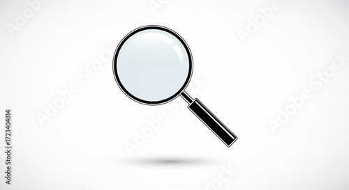 A magnifying glass with a black handle and silver rim, casting a soft shadow, symbolizing search, investigation, and discovery