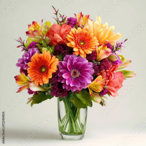 Wallpaper Mural Colorful bouquet of vibrant flowers including daisies, lilies, and alstroemerias arranged in a clear glass vase with lush green foliage on a light background. Torontodigital.ca