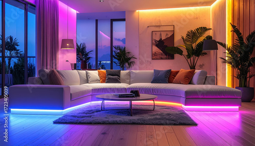 Cozy living room featuring modern couch and stylish coffee table with colorful led strips illuminating the space