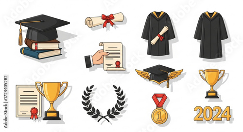 Graduation set, a collection of symbols of academic achievement and success, a celebration of education and learning