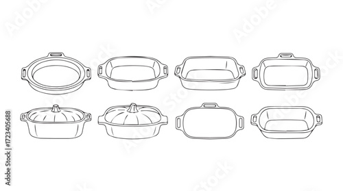 Collection of classic glass baking dishes with lids in clean line art style silhouette