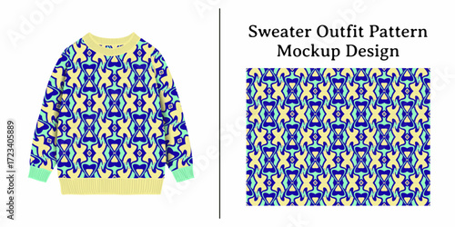 This sweater features a repeating geometric pattern in shades of blue and yellow, perfect for digital mockups.