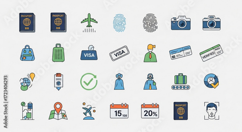 Collection of travel icons representing various aspects of international travel, including passport, visa, and luggage