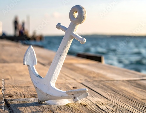 White anchor on a wooden dock