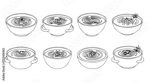 Collection of eight delicious coffee cups with cream and toppings ideal for morning refreshment silhouette