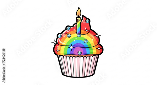 A delightful rainbow cupcake with a lit candle, adorned with sparkling gems, , perfect for birthdays and celebrations
