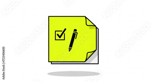 A yellow sticky note with a check mark and pen, symbolizing tasks, reminders, and important notes for organization and productivity