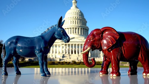 Confrontation between the mascots of the Democratic and Republican parties. A blue donkey and a red elephant are positioned in front of the US Capitol Building in Washington DC