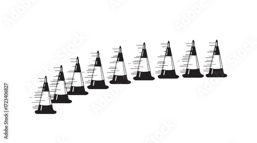 Bright orange traffic cones lined up for roadwork safety and traffic management silhouette