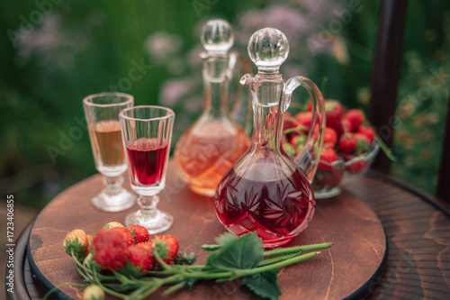 Strawberry Liqueur in Elegant Glass Decanters Outdoors
