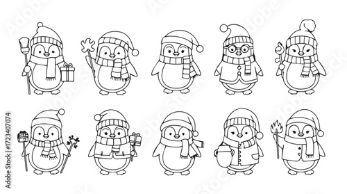 Collection of ten adorable hand-drawn penguin characters with winter accessories for christmas and new year designs silhouette