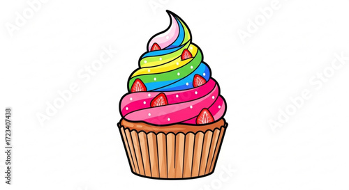 A colorful cupcake with rainbow frosting and strawberry toppings, perfect for birthday celebrations and sweet treat designs