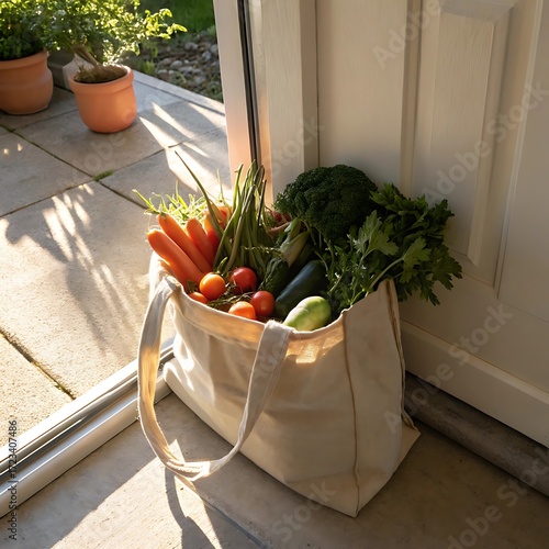 Fresh vegetables in canvas tote bag near doorstep natural light