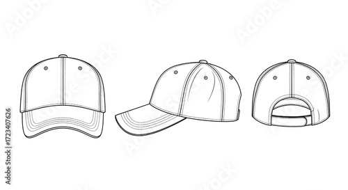 Technical drawing of a baseball cap, showing three views for design purposes.