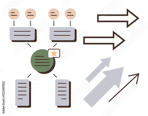 Diagram with linked boxes, nodes, arrows, and a star icon. Ideal for teamwork, project management, hierarchy, strategy decision-making planning education. Simple flat metaphor
