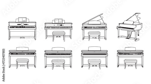 Collection of grand and upright pianos in sketches musical instruments diverse styles silhouette