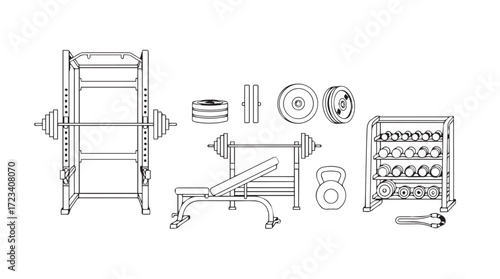 Detailed architectural blueprint of gym equipment includes weight rack bench and dumbbells silhouette