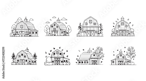 Whimsical hand drawn village collection charming rustic buildings and trees sketch style silhouette
