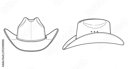 Two line drawings of cowboy hats, one facing forward and one in profile, on a white background.