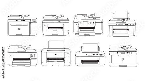 Collection of multifunction printer sketches hand-drawn office equipment technology art silhouette