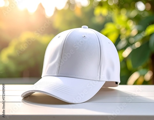 White baseball cap on a table outdoors