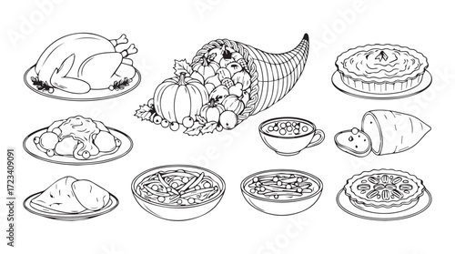 Abundant thanksgiving harvest feast cornucopia plates full of delicious seasonal foods and turkey silhouette
