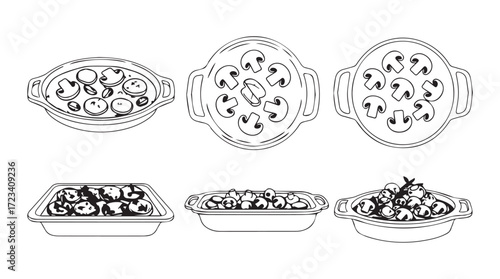 Gourmet baked escargots set in dishes from above and side views silhouette