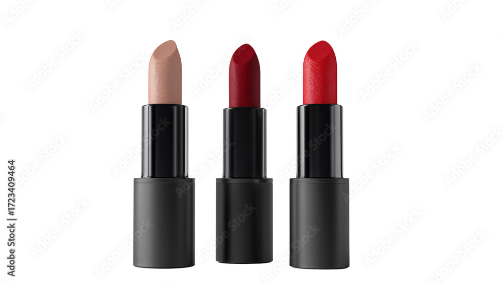 Obraz premium Three lipsticks in black tubes, nude, red, and dark red shades