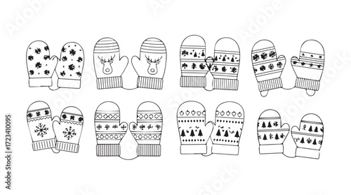 Whimsical hand drawn winter mittens collection with festive patterns for cozy crafting projects silhouette