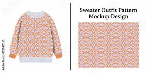 A detailed mockup design showcasing a sweater with an intricate geometric pattern and its seamless fabric pattern on a light lavender and peach background.