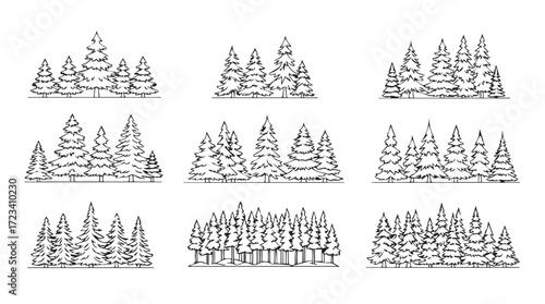 Collection of hand drawn pine trees forest scenes nature elements line art style silhouette