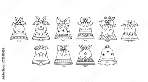 Collection of hand-drawn christmas bells with festive decorations for holiday crafting projects silhouette