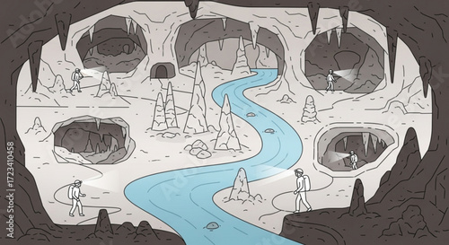 Illustration of a cave system with explorers, stalactites, and a winding river flowing through the cavern