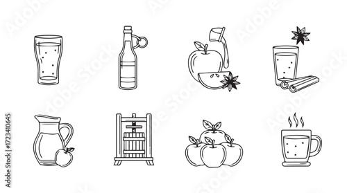 Hand drawn icons representing autumn harvest drinks and food preparation with seasonal elements silhouette