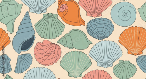 Seamless pattern featuring an assortment of colorful seashells scattered across a light background design style