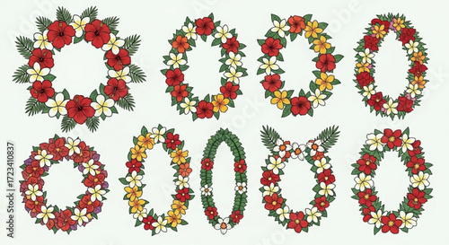 Collection of floral wreaths decorated with red, white, yellow flowers and green leaves in various shapes