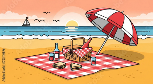 A picturesque beach picnic scene with a red and white umbrella, basket, and sandwiches on a blanket