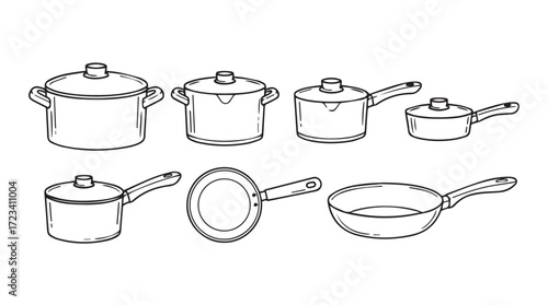 Hand drawn kitchen pots and pans collection culinary cooking utensils set isolated outline sketch silhouette