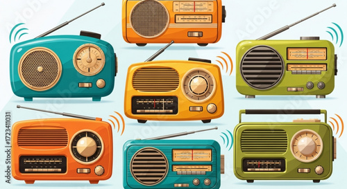 Illustration showcasing a collection of seven vintage radios in various colors and styles with antennas extended