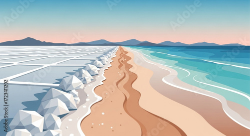 A view of a beach with a salt flat on one side and the ocean on the other side under a clear sky day